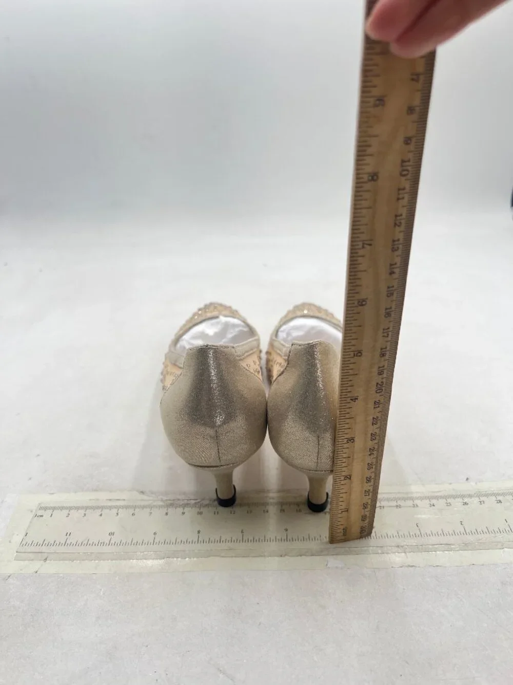XYD Champagne Closed Toe Slip On Graceful Mesh Pumps Rhinestone Studs Shoes